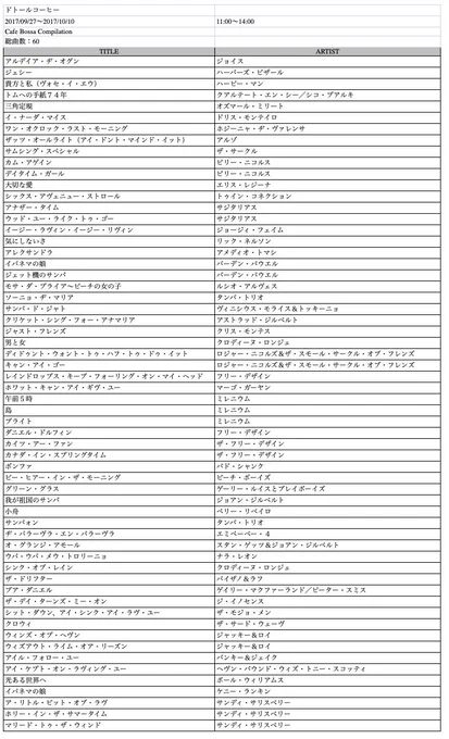 そういえばむかし、ドトールのBGMが良かったので問い合わせてみたらセットリストを送っていただけた。親切。 