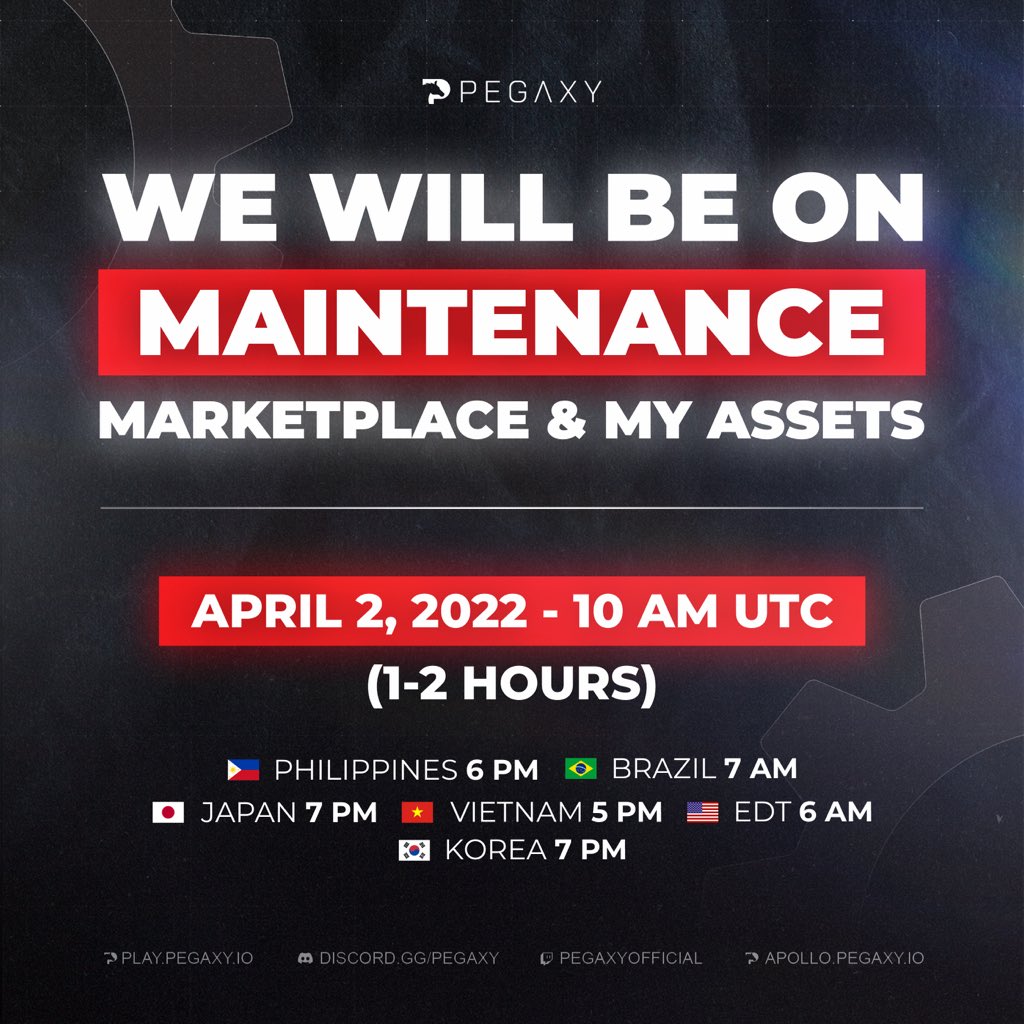 PegaxyOfficial's tweet photo. Important Reminder - Scheduled Maintenance 📢

We will begin a maintenance session today that will last for 1-2 hours. This is to give way for the new updates such as the Fabled Tokens listing in Marketplace. We appreciate your cooperation and thanks in advance for your patience. https://t.co/kQBPydMoyD