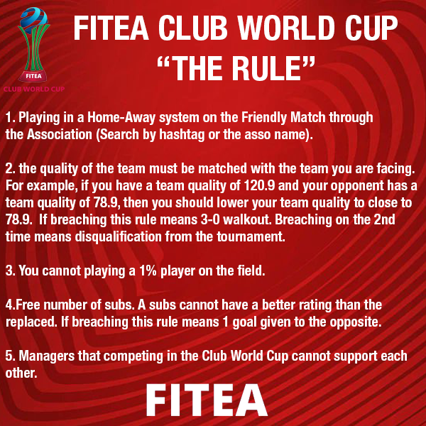 <a href="/TopElevenStar/">TopElevenStar</a> <a href="/LigaTopEleven/">Liga Top Eleven Indonesia 🇮🇩</a> <a href="/Appleby_Inc/">Appleby Incorporated</a> <a href="/OfficialJFC/">JFC</a> <a href="/TheOfficialApps/">OfficialApps</a> <a href="/AFCTop11/">AFC</a> <a href="/tonbridge_town/">TonbridgeTown</a> <a href="/FC_Banjarmasin/">FC BANJARMASIN</a> @crazy_li0n <a href="/wayabungunited/">Way Abung United</a> <a href="/alfred_XI_FC/">Alfred XI</a> <a href="/Melwood____/">Melwood</a> <a href="/spartanstefc/">SPARTANS F.C ⚔ 💙🤍</a> 𝗙𝗜𝗧𝗘𝗔 𝗖𝗟𝗨𝗕 𝗪𝗢𝗥𝗟𝗗 𝗖𝗨𝗣 THE RULE

Here are the rules that all team's should have to follow.

𝗙𝗜𝗧𝗘𝗔 "𝗠𝗮𝗸𝗶𝗻𝗴 𝘁𝗵𝗲 𝗙𝘂𝘁𝘂𝗿𝗲"
#FITEACWC