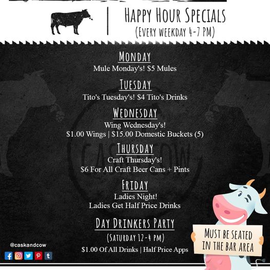 We are excited to announce that starting this April, we will be hosting happy hour specials at Cask+Cow! 🍻🥃🍸

Round up your friends &amp; come by to have a good time together.

To reserve your happy hour, visit caskandcow.com

#lewistonny #happyhour #haphyhourtime
