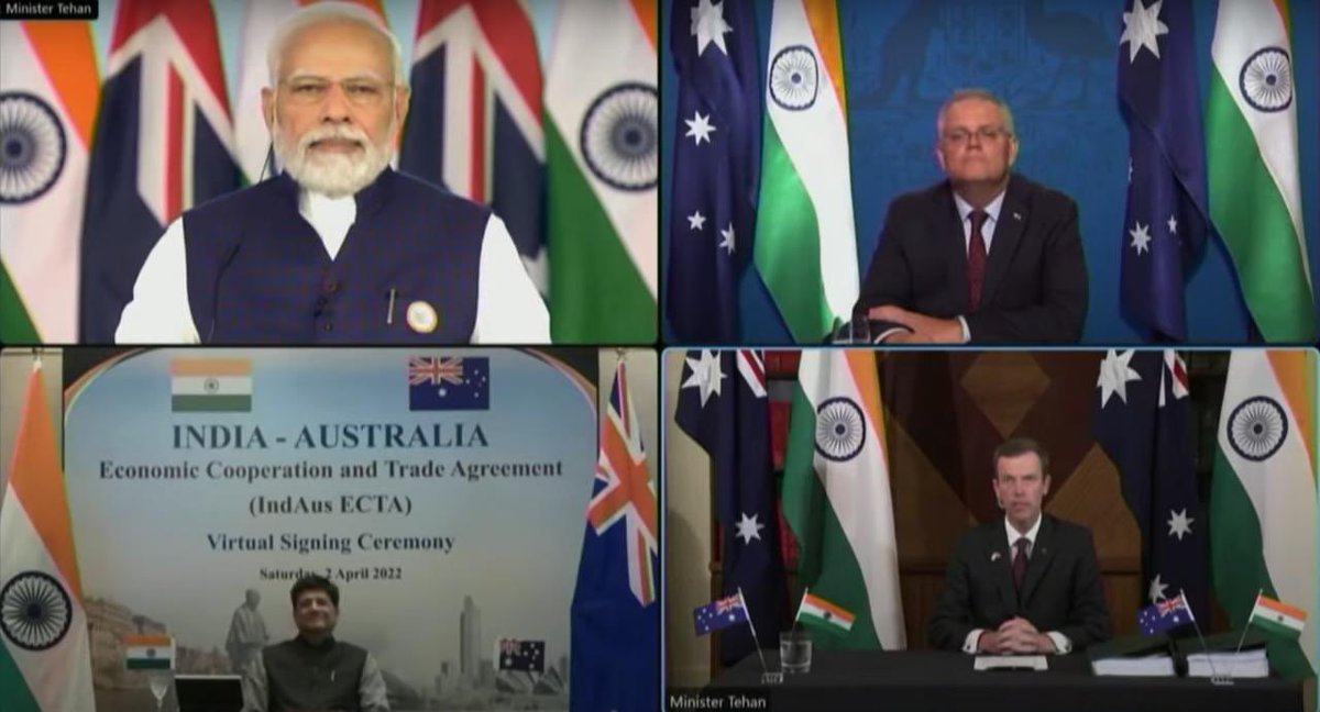 #IndAusECTA is a landmark moment in the 🇦🇺🇮🇳 partnership. Sincere thanks to colleagues at 🇮🇳 <a href="/CimGOI/">Minister of Commerce and Industry</a> and <a href="/MEAIndia/">Randhir Jaiswal</a> for their hard work with their 🇦🇺 <a href="/dfat/">Department of Foreign Affairs and Trade 🇦🇺</a> counterparts to deliver the 🇦🇺🇮🇳 Economic Cooperation &amp; Trade Agreement. <a href="/DanTehanWannon/">Dan Tehan</a> <a href="/PiyushGoyal/">Piyush Goyal</a> #dosti