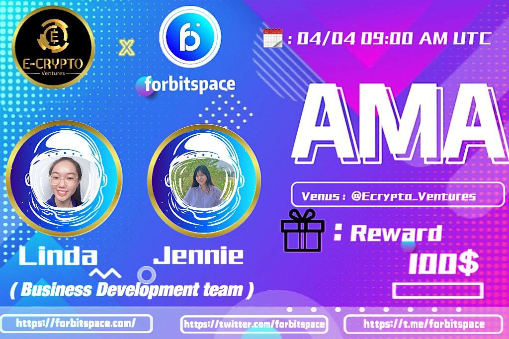 Ecrypto_ventures (@ecryptovn_vt) on Twitter photo We announce about AMA with
<a href="/forbitspace/">forbitspace</a>
Prize: 100 USDT
Date: April 4, 2022
Time: 09:00 AM UTC --> 04:00 PM + 7 Viet Nam
Venue: t.me/Ecrypto_Ventur…
Rules:
1. Follow
<a href="/EcryptoVn_VT/">Ecrypto_ventures</a>
&
<a href="/forbitspace/">forbitspace</a>
2. Like Retweet & Comment Your Questions - Tag 3 friends. We announce about AMA with
<a href="/forbitspace/">forbitspace</a>
Prize: 100 USDT
Date: April 4, 2022
Time: 09:00 AM UTC --> 04:00 PM + 7 Viet Nam
Venue: t.me/Ecrypto_Ventur…
Rules:
1. Follow
<a href="/EcryptoVn_VT/">Ecrypto_ventures</a>
&
<a href="/forbitspace/">forbitspace</a>
2. Like Retweet & Comment Your Questions - Tag 3 friends.