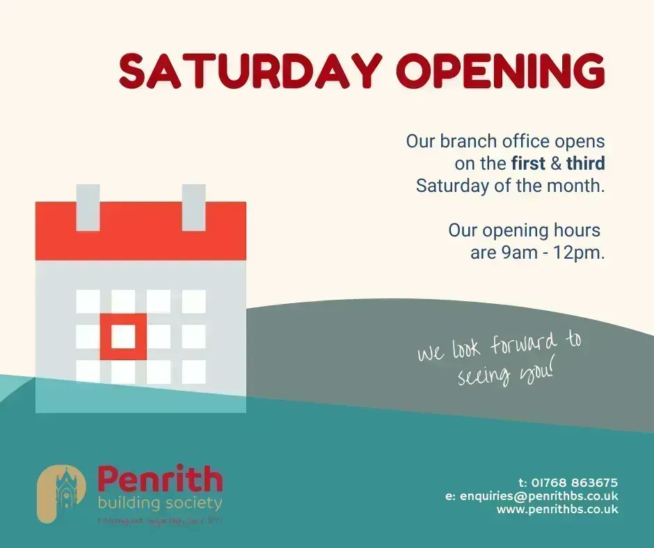 Penrith_BS's tweet photo. Our branch is now open on the first and third Saturdays of every month. Our opening times are 9am - 12pm and we look forward to welcoming you back. #penrithbs #saturdayopening https://t.co/ymZXPwRFnZ