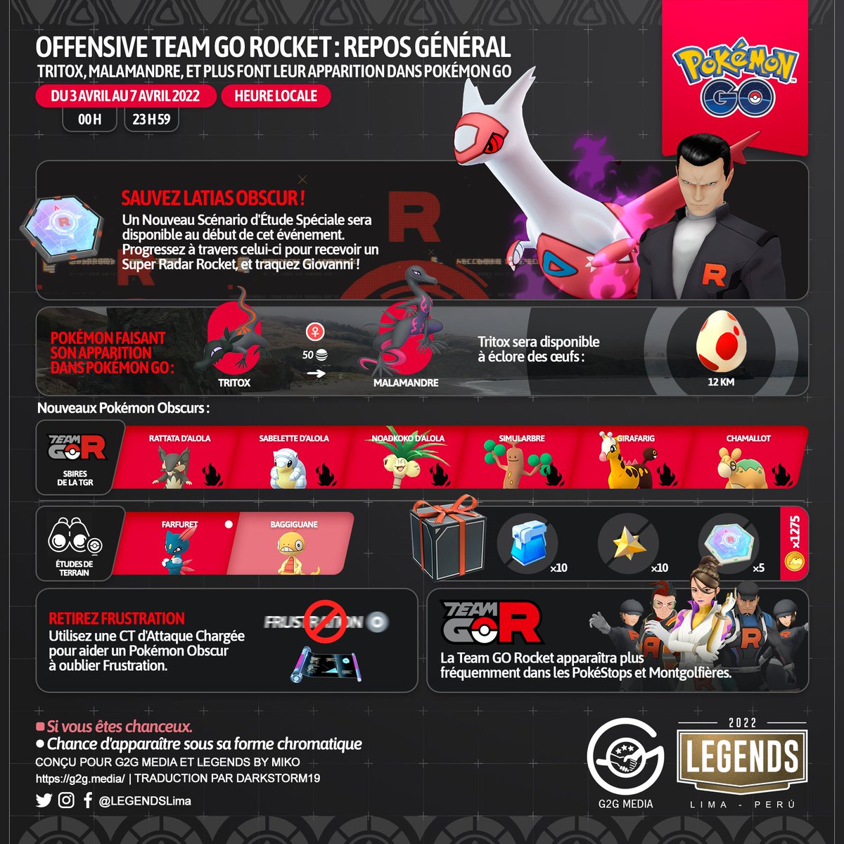LEGENDSLima's tweet photo. 🇫🇷
Offensive Team GO Rocket : repos général
#Tritox, #Malamandre, et plus font leur apparition dans #PokemonGO
#G2G #PokemonGOApp #TGR #TeamGORocket #LatiasObscur #Giovanni https://t.co/EIA7KvLe6H