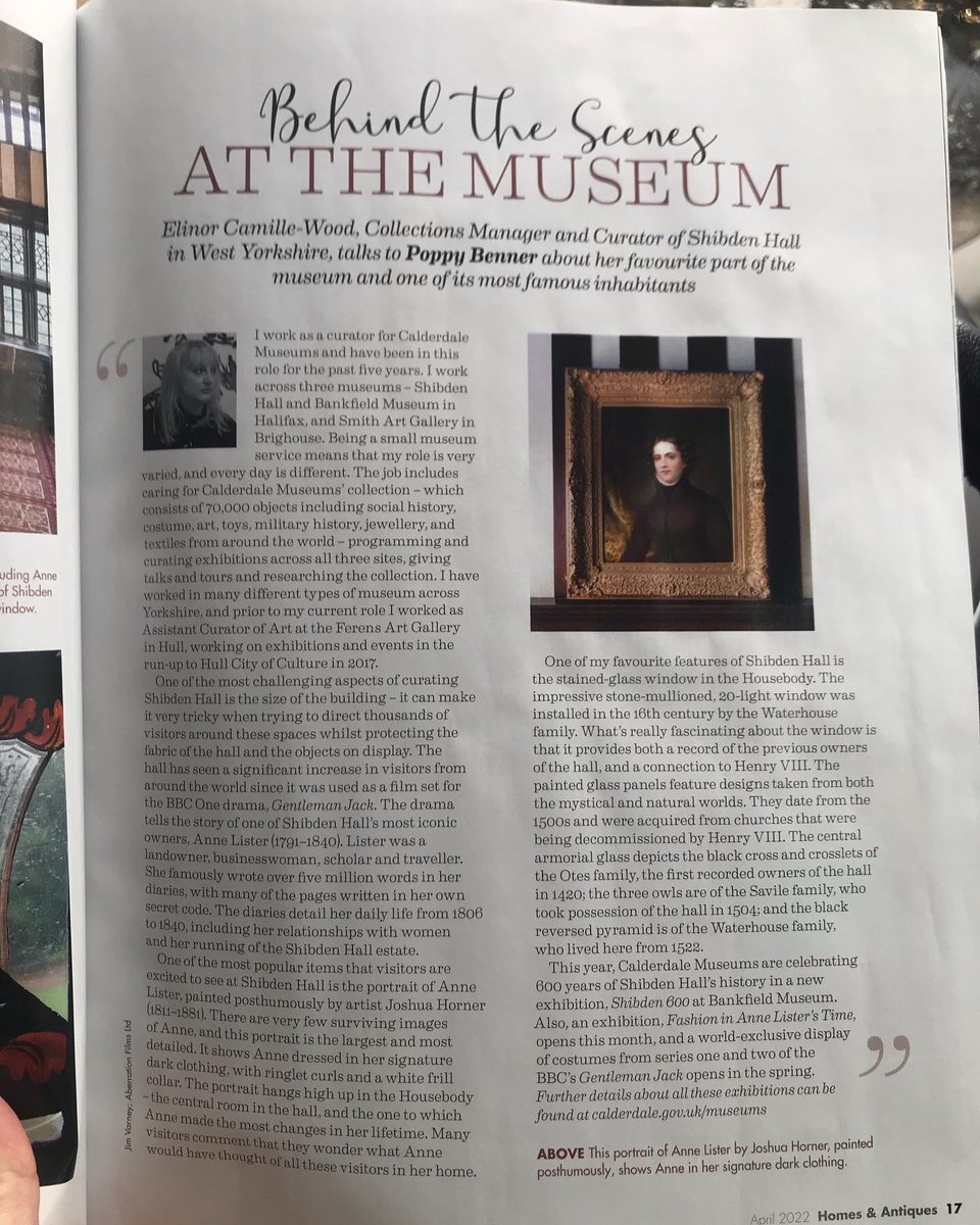 MuseumElinor's tweet photo. Really pleased to be in this month’s @homes_antiques magazine for their ‘Behind the Scenes at the Museum’ feature #ShibdenHall #curatorslife #AnneLister #GentlemanJack https://t.co/vLsUi3hFKz