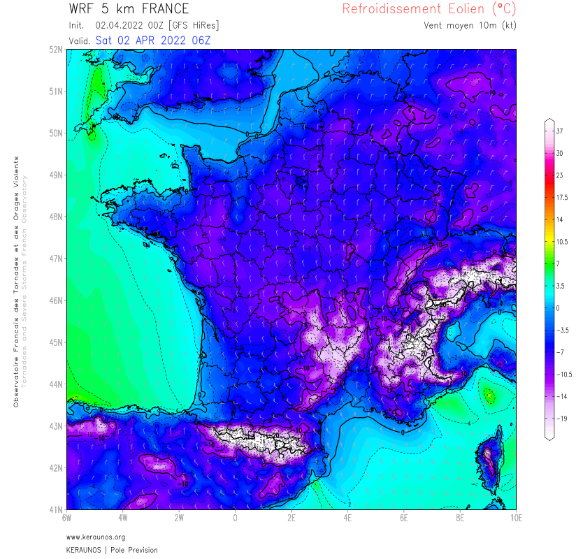 Les températures ressenties (windchill) sont très basses ce matin et extrêmes pour un mois d'avril. 
Par exemple :
-11 au Puy
-10 à Millau
- 8 à Saint-Etienne Bouthéon
- 7 à Valence
- 6 à Lyon
- 4 à Toulouse
A haute altitude -25 au-dessus de 2500 m, -15 au-dessus de 1500 m. 