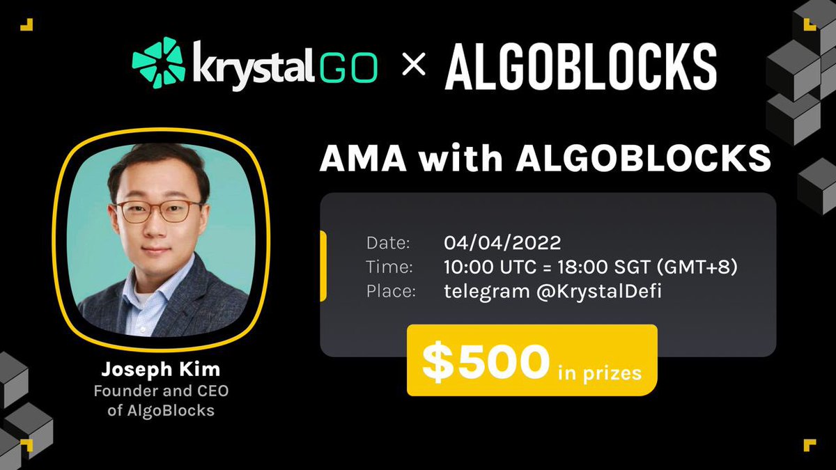 KrystalDeFi's tweet photo. 🎙 Join our AMA with @Algoblockstrade 
, upcoming project on KrystalGO!

📆 04 April
⏰ 10:00 UTC = 18:00 GMT+8
📌 https://t.co/meO8sfURZq

$500 - 5 Live Quiz Winners &amp; 5 Best Twitter Qns

To win
- Follow 
@KrystalDefi &amp; @Algoblockstrade 
- Like, RT, Tag 2 pals
- Reply w your qn https://t.co/ivhvN4ddD3