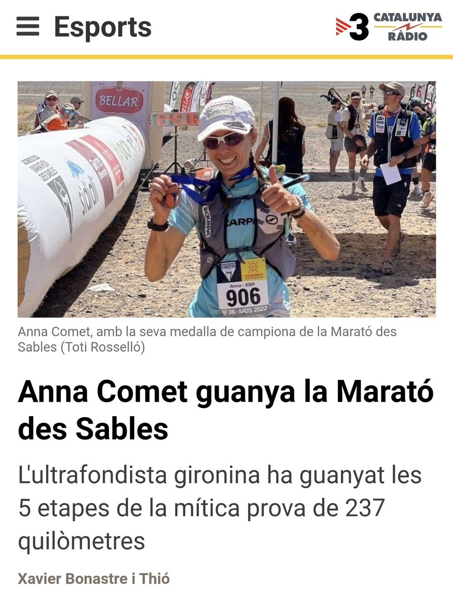 Ho ha fet! 👏🏽 Anna Comet <a href="/Cometi/">Anna Comet i Pascua</a> ha guanyat la <a href="/marathonDsables/">MARATHON DES SABLES</a>. S'ha imposat en totes les etapes disputades, cinc en total. 250 km en 7 dies.
Enhorabona, campiona!
#atletismecatalà 🏜🏃🏽‍♀️ #MDS2022