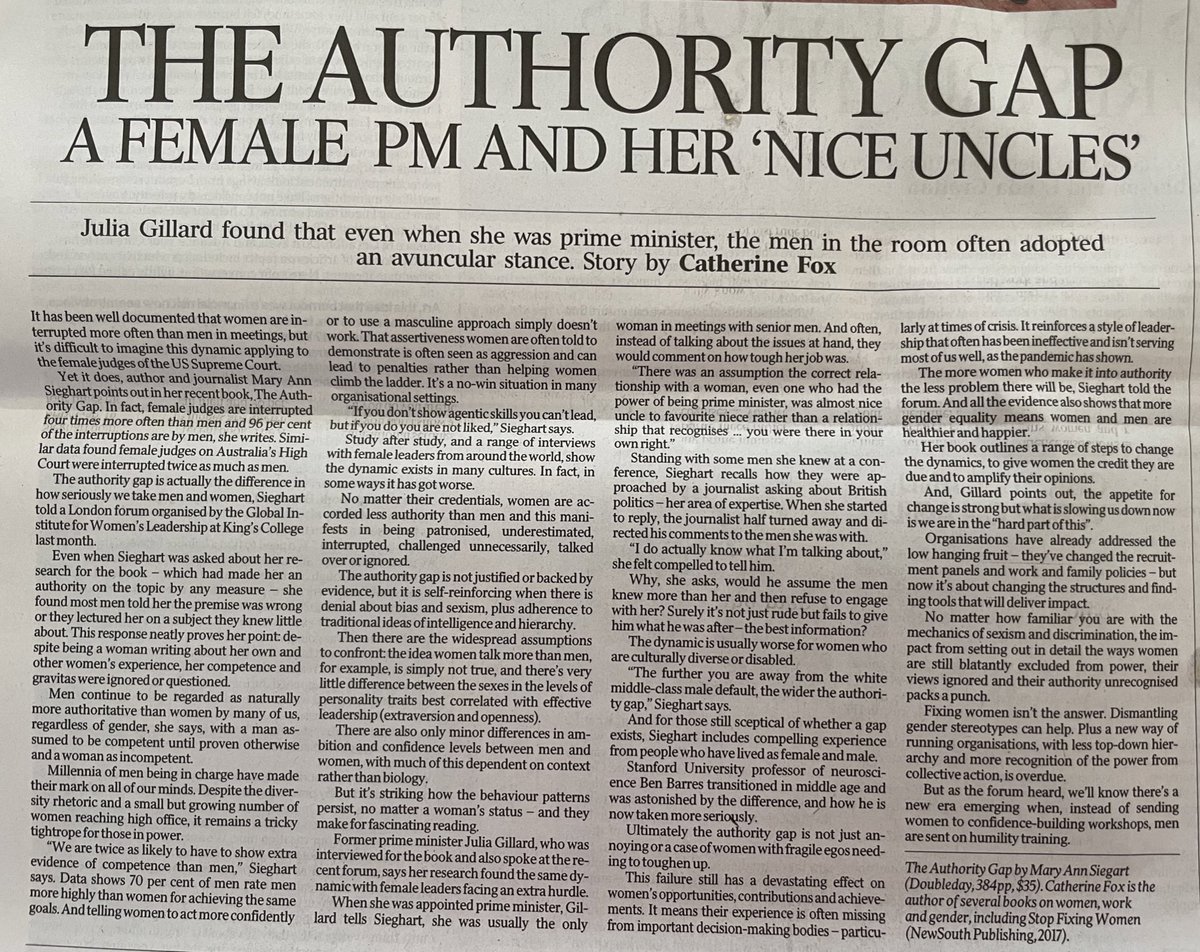 djsPerth's tweet photo. @australian #TheAuthorityGap by #MaryAnnSiegart writes #CatherineFox “instead of sending women to confidence building workshops, men are sent on humility training.” Needed in all cultures too! #HeForShe training@ergopropterdoc @LindyRoberts1 @Pranola1 @drvyom @jcwright99 @snouzin https://t.co/gZhZ5fgPKq