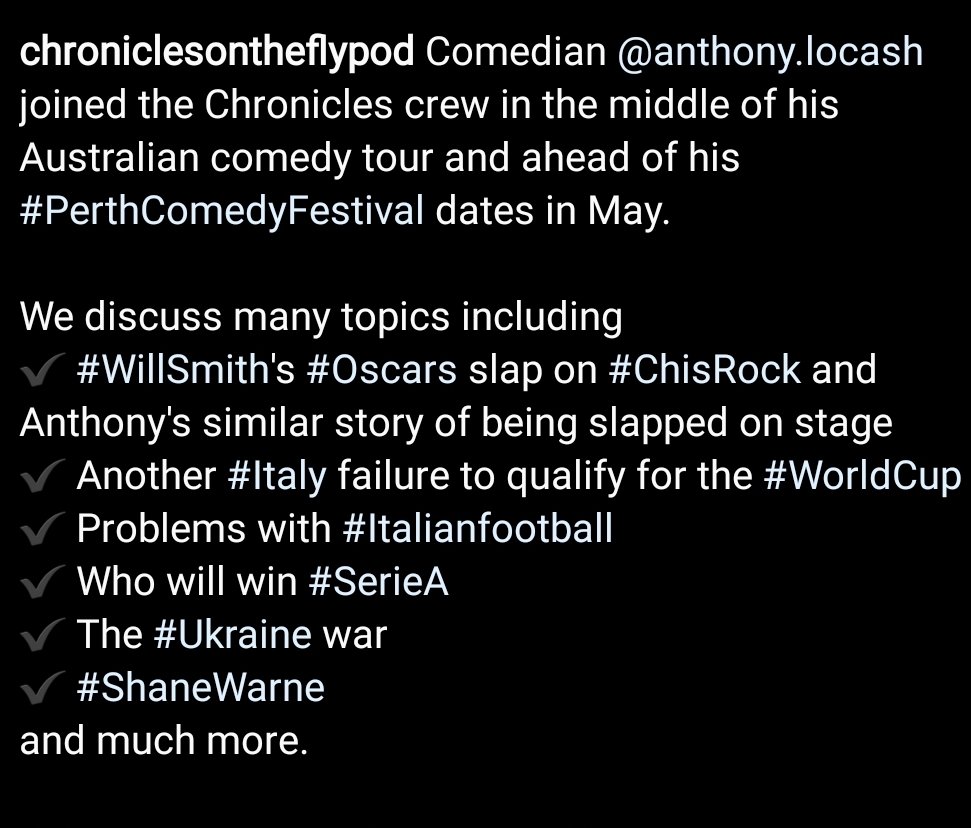 ChroniclesOTF's tweet photo. Comedian @AnthonyLocash joined the Chronicles crew ahead of his #PerthComedyFestival dates in May.

🎙 https://t.co/mlMyF9SXK4

✋ We discuss many topics including #WillSmith's #Oscars slap on #ChisRock and Anthony's similar story of being slapped on stage
#perthpodcast #perth https://t.co/c9wZDobpzX