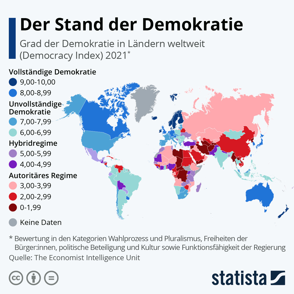 acad_sup's tweet image. Laut dem Economist Democracy Index lebten 2021 nur etwa 45,7 Prozent der Menschen weltweit in einer Demokratie. Nur 21 Staaten wurden als vollwertige Demokratien bewertet.
#futuremaps #Demokratie
mehr dazu:
de.statista.com/infografik/205… via @statista