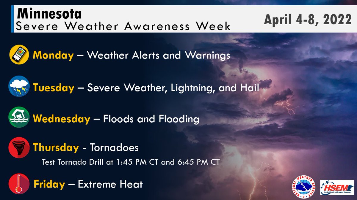 Did you know: Next week is severe weather awareness week across Minnesota. 

Each day will focus on one topic of interest, so stay tuned to our social media feeds! #mnwx #swaw2021 https://t.co/nlSP86rW8W