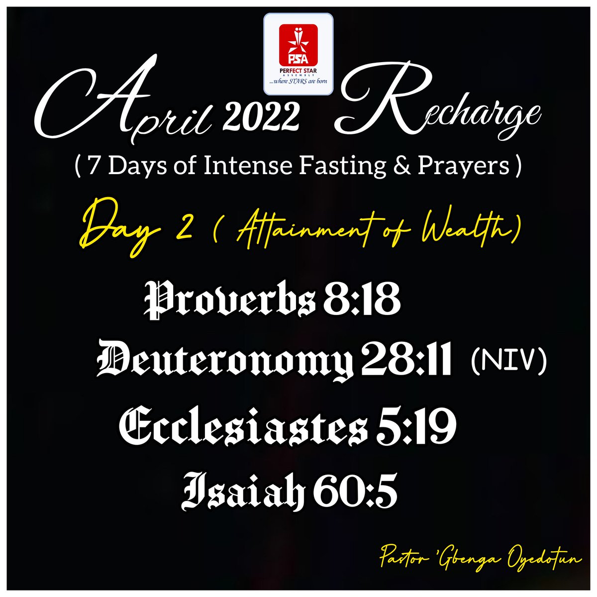 gbenga489's tweet photo. APRIL 2022 RECHARGE

DAY 2 

IN THIS MONTH OF APRIL 2022, JEHOVAH SHALL GIVE YOU VICTORY IN ATTAINMENT OF WEALTH IN JESUS NAME - AMEN!! 
.
.
.
.
.
.
.
.
#april2022
#victory
#psaabuja #psambassador #talithakoumi
#mercy https://t.co/0W0Y2bTLVu