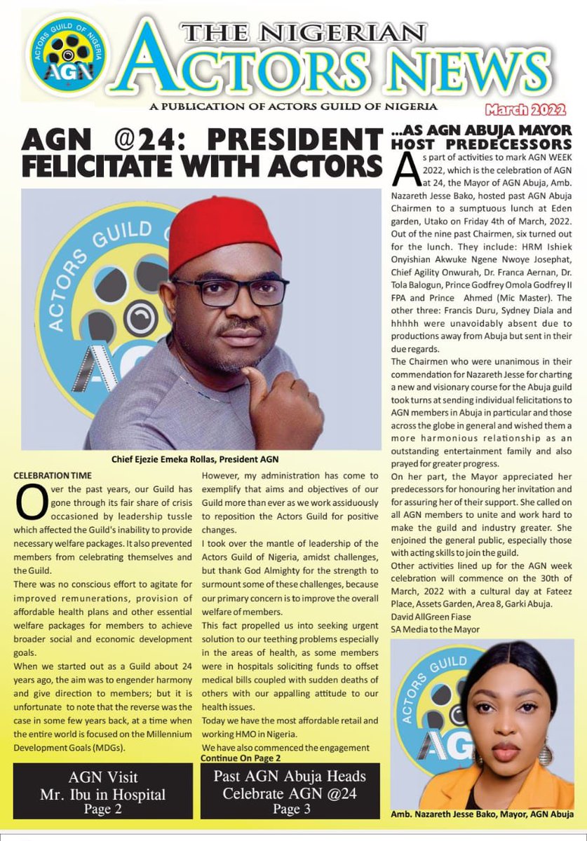 actorsguildNg's tweet photo. The First Edition of NIGERIAN ACTORS NEWS. A publication of Actors Guild Of Nigeria. 

The maiden edition was launched on cultural day celebration during the AGN 24th Anniversary in Abuja. The AGN Mayor of Abuja, Amb. Nazareth Jesse Bako @nazaretjesse under the leadership of https://t.co/Xg2IrGcHWx