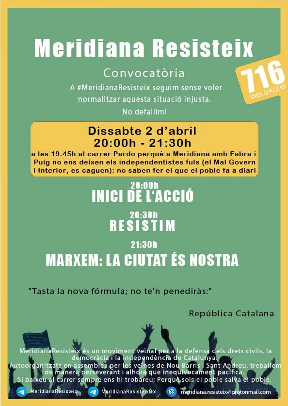 Meridianes! Avui us convoquem a una nova jornada combativa.👇

RESISTÈNCIA!🏴🏴🏴

📌"Salvàvem els mots de la nostra llengua el meu poble i jo. A baixar graons de dol apreniem el meu poble i jo". Salvador Espriu.⤵️