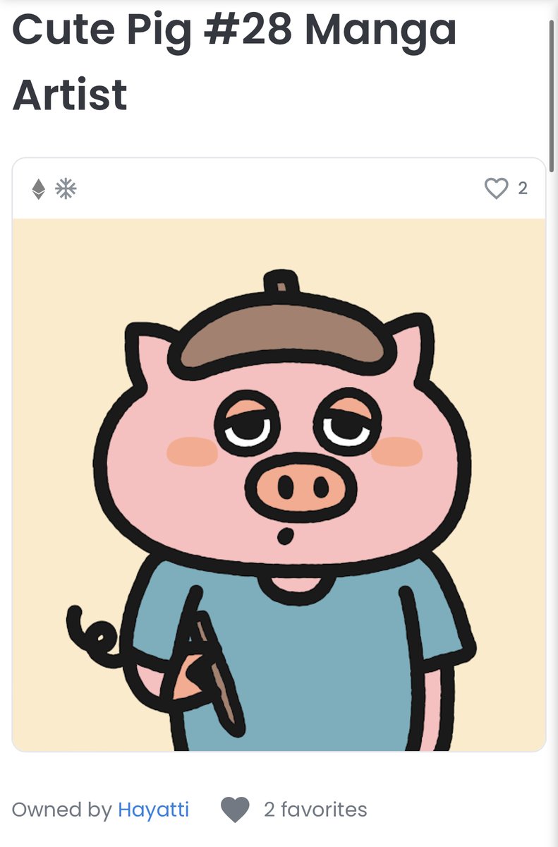 harapei2's tweet photo. 【緊急報告】CutePigs 豚漫画家に0.25ETHのオファー発生。事前にツイートしていた通り、このキュートピッグスは固定販売を取りやめ、オファーを入れて下さっている方にお譲りしました。ちなみにオファーを入れてくれたのは…はやっちさん（@HayattiQ ）です！ありがとうございます。PIG LOVE🐷❤️ https://t.co/WiltuCSOvA