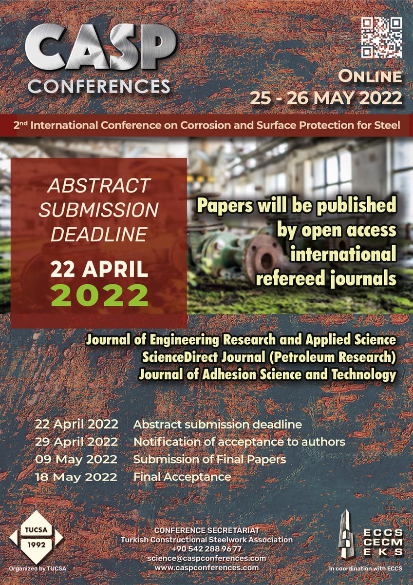 CASP 2022 İÇİN 3. DUYURU YAYIMLANDI
TUCSA tarafından ECCS ile koordineli olarak düzenlenen 2. Uluslararası Çelik İçin Korozyon ve Yüzey Koruma Konferans ve Sergisi 25-26 Mayıs 2022 tarihlerinde online olarak gerçekleştirilecek.
tucsa.org/tr/haber_detay…