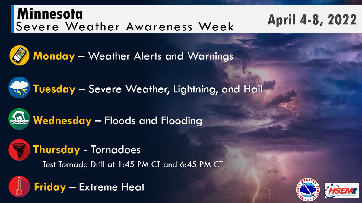 NWSSiouxFalls's tweet photo. Did you know: This week is severe weather awareness week across Minnesota.
Each day will focus on one topic of interest, so stay tuned to our social media feeds! #mnwx #swaw2021 https://t.co/7TgwVBKyik