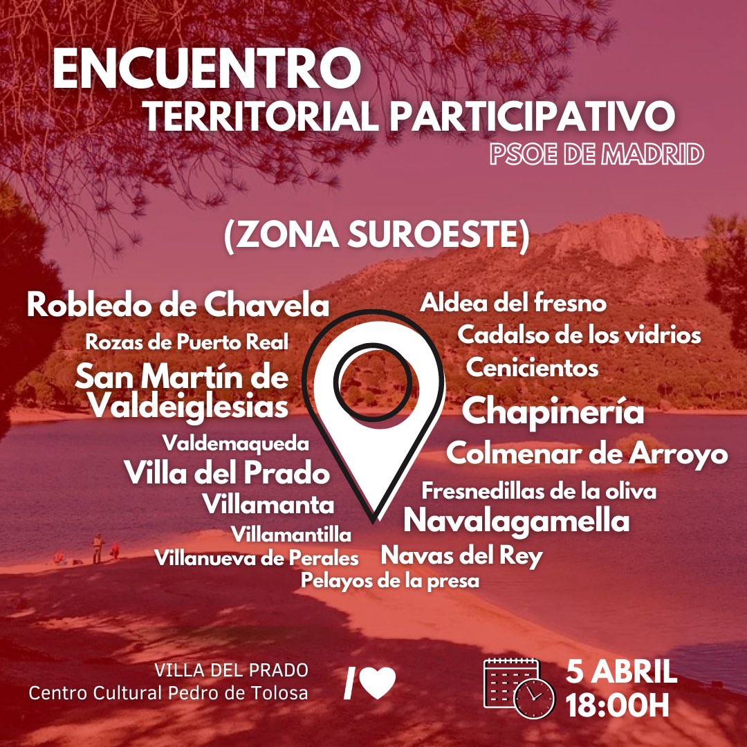 psoe_m's tweet photo. 🙌El martes nos vemos con los vecinos/as de la zona suroeste de la Comunidad de Madrid

🌹Seguimos con los #EncuentrosTerritoriales para escuchar vuestras necesidades e ideas para los municipios

👉Vente y cuéntanos!

📍Villa del Prado
🗓 5Abril
💻Online: https://t.co/sy1YMa1JfJ https://t.co/FrQl0kzcSy