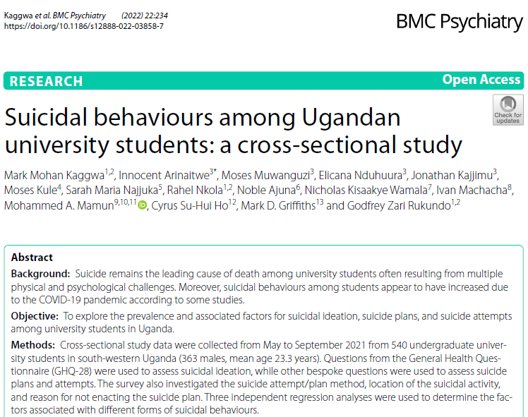 kaggwa_dr's tweet photo. #SuicideAwareness: In every 10 #university #student in #Uganda, about 3 have had suicidal ideations and 1 planed to attempt, and unfortunately 6.11% attempted #suicide. 
For details check our recent publication: https://t.co/uVNgs3Tjlb https://t.co/gOdQDVaKWk