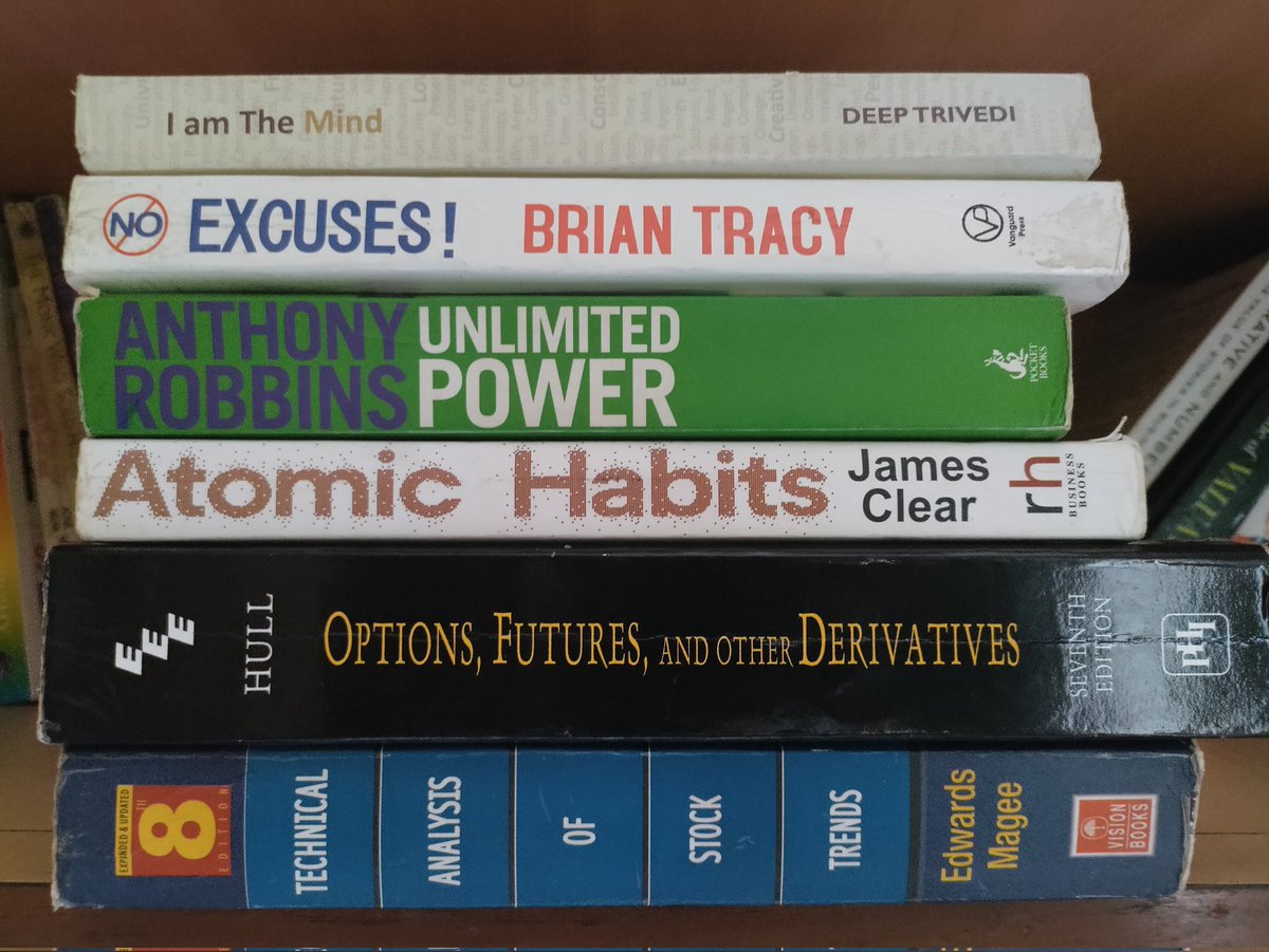 My first books which gave me kick start in these areas
1. Technical analysis
2. Derivative trading
3. Motivational &amp; self help

From "Unlimited power" and "I am the mind" learned the psychology needed to move forward.