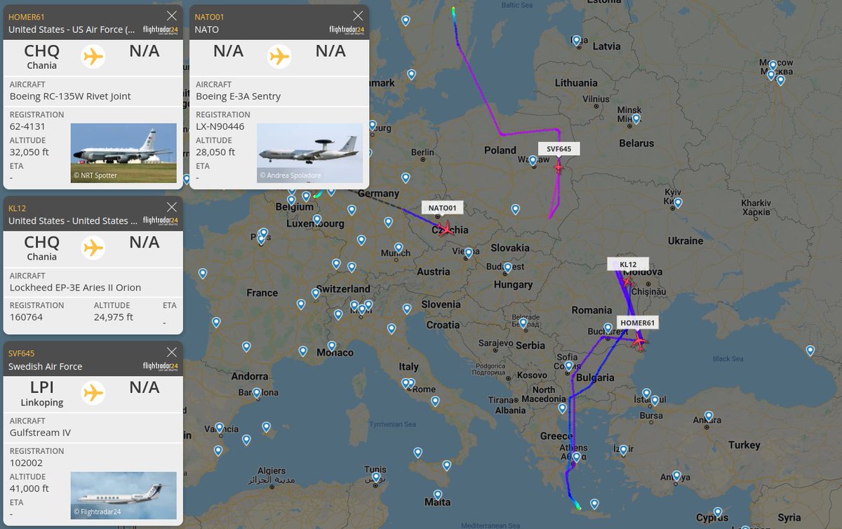ahmedrghazi's tweet photo. #NATO Boeing E-3A Sentry #NATO01
#USAF Boeing RC-135W Rivet Joint #HOMER61
#USNY Lockheed EP-3E Aries II Orion #KL12
#SwedishAirForce G-IV #Korpen #SVF645
Busy day for #ISR and #AWACS near the #Ukraine border
#UkraineRussiaWar https://t.co/0ceQBK6hGf