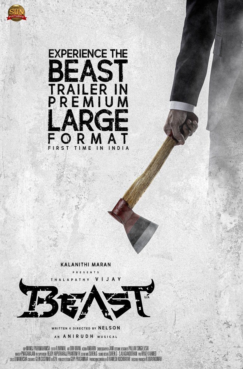 #BeastTrailer will premiere in #PremiumLargeFormat. First time in India 🔥
Verithanamaana experience ku ready ah nanba 🤩

@actorvijay @Nelsondilpkumar @anirudhofficial @hegdepooja @selvaraghavan @manojdft @Nirmalcuts @anbariv @UFOMoviez #PLF #BeastModeON #Beast #BeastTrailerDay