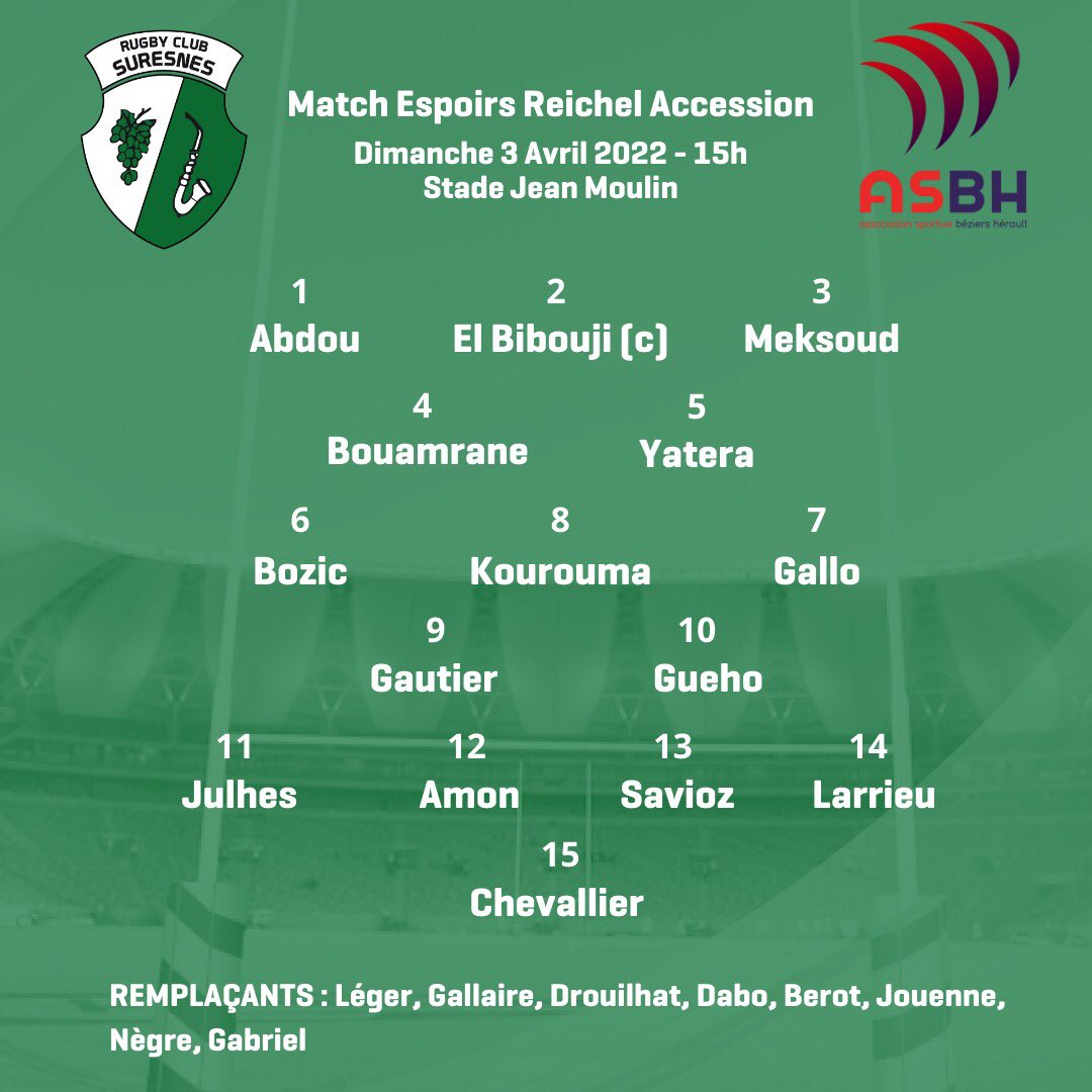 RCSuresnes's tweet photo. Composition de nos #Espoirs pour le match de dimanche 3 avril à 15h sur le T2 du stade Jean Moulin contre @ASBHOfficiel 

#TousVertsEtNoirs 💪🏿💪💚🖤

@villedesuresnes @LIFRugby @FranceRugby https://t.co/ajRBVj91yd