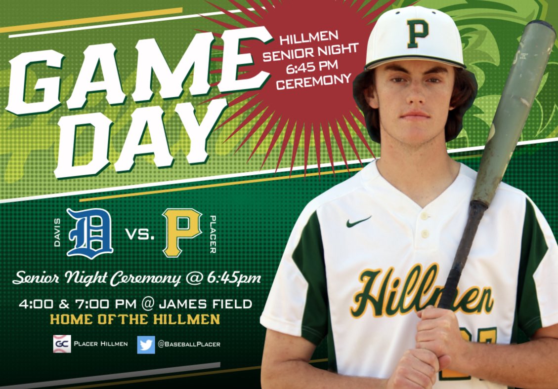 Come out and celebrate our Senior Hillmen! Saturday baseball at James with Davis HS.
#GoHillmen

<a href="/J_Georgeson26/">Jordan Georgeson</a> <a href="/PlacerHillmen/">Placer High School</a> <a href="/PlacerASB/">HillmenActivities</a>