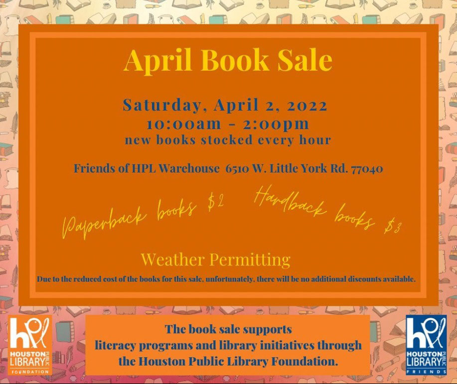 houstonlibrary's tweet photo. Hope you can come to today's @houlibraryfdn book sale at the #FriendsofHPL Warehouse, located at 6510 W. Little York Rd., Houston, TX 77040! Reminder: Paperbacks are $2, hardbacks are $3 and if you buy 5 books, you get 1 free! #ILoveHPL #HPLF https://t.co/7XhLkg947e