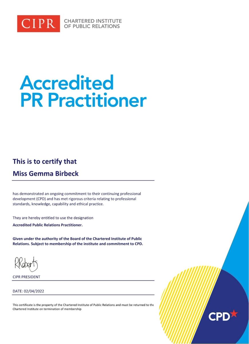 Proud to be an Accredited PR Practitioner 🙌

CPD never stops being important, no matter your seniority.

#cpd #PublicRelations #cipr #pragency #prprofs