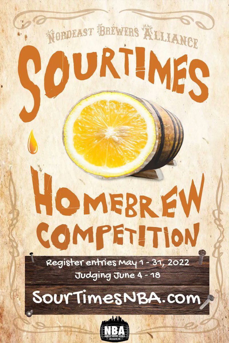 NordeastBrewers's tweet photo. Pull out your SOUR, WILD, and FUNKY beers and get them ready for the next edition of the NBA Sour Times competition. Entries open on May 1 with judging taking place in early June. Check out https://t.co/7kmp7iHdSH for more details! Cheers! ๐ป
#homebrew #mixedferm #sourbeer #bjcp https://t.co/yl3mio6SOk