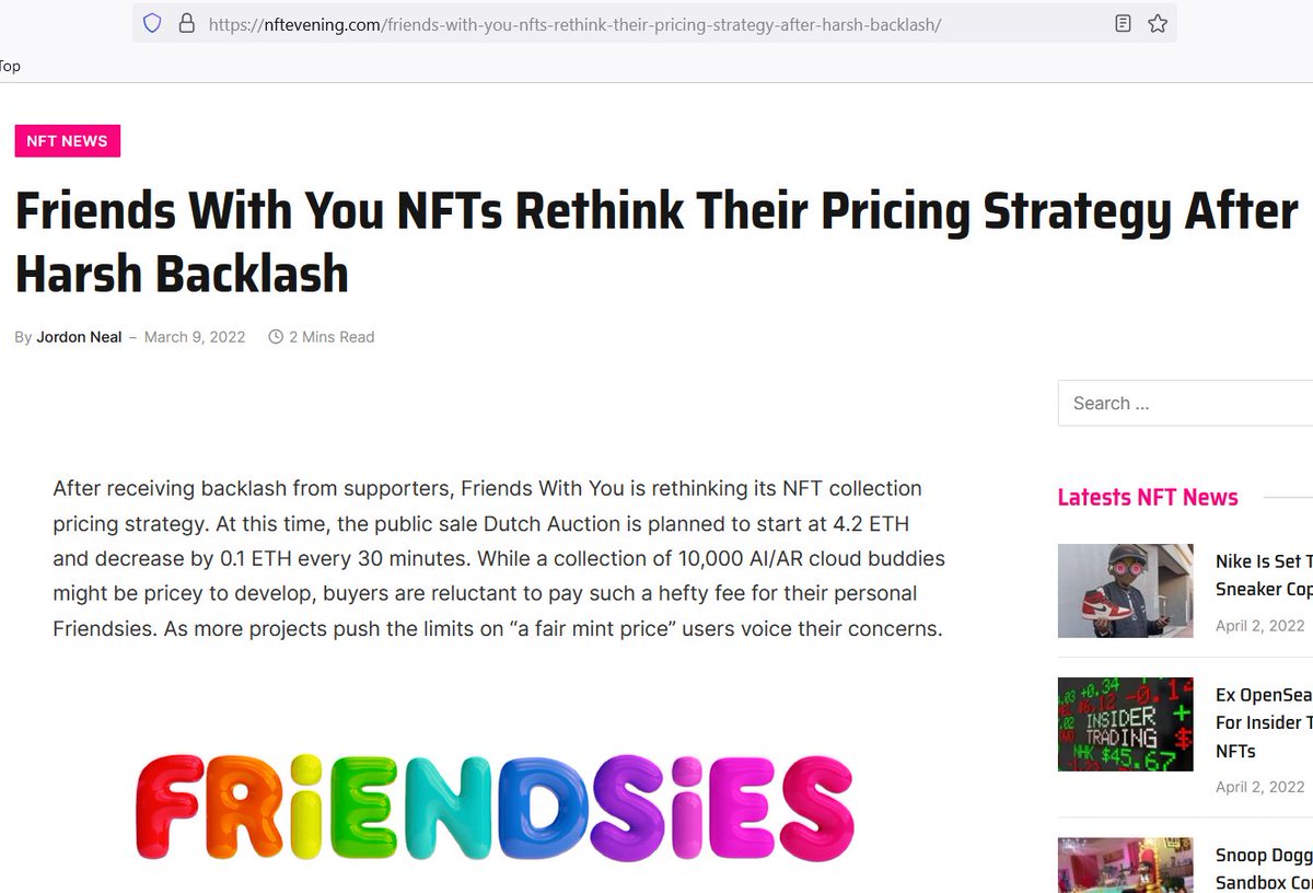 NFTethics's tweet photo. 1/ A quick thread on @fRiENDSiES_Ai. Many people have already shared their views on the high mint price, which was reduced from 4.2 to 3.33 ETH, but ironically because of the increased value of ETH, the USD price is still the same as back then: $100m.

https://t.co/7X0umBXCra https://t.co/T7hhp2bNVS