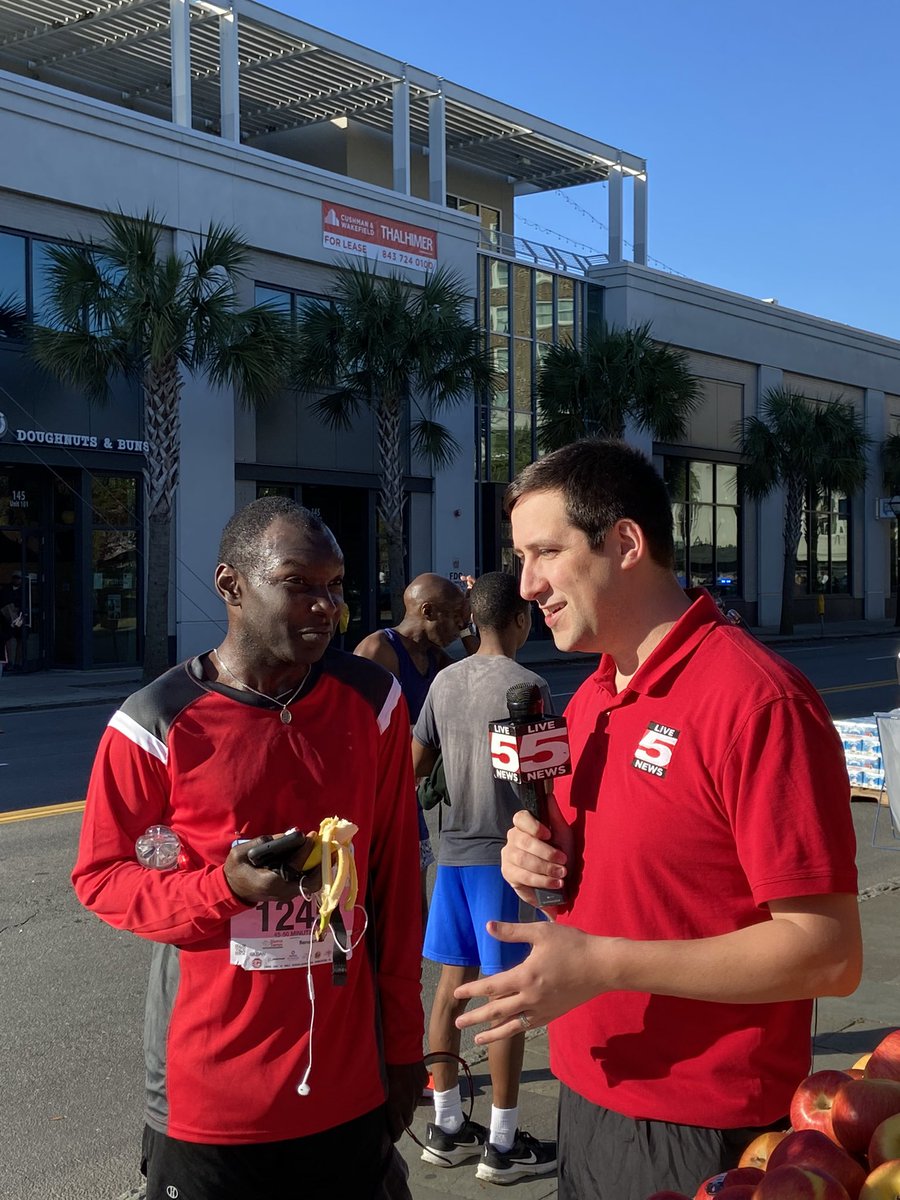 NickReaganLive5's tweet photo. We got @QuintinOnCamera on camera for a post race interview. He says it’s snacks that help him when he hits the wall. #Live5BridgeRun #cooperriverbridgerun #chsnews @Live5News https://t.co/DckjLus5AW