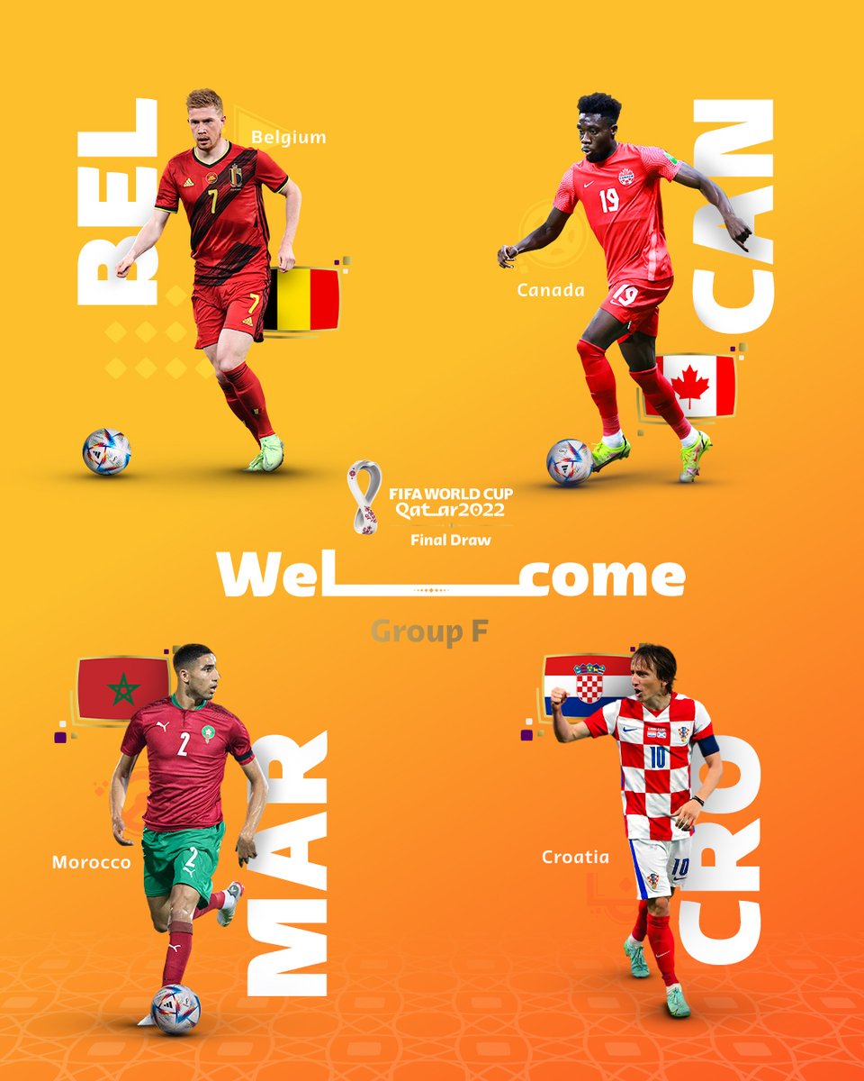 FIFAWorldCup's tweet photo. 𝙄𝙣𝙩𝙧𝙤𝙙𝙪𝙘𝙞𝙣𝙜 𝙂𝙧𝙤𝙪𝙥 𝙁...

Which star will shine? ⭐️ 

#FinalDraw | #FIFAWorldCup 

🇧🇪 @BelRedDevils | 🇨🇦 @CanadaSoccerEN | 🇲🇦 @EnMaroc | 🇭🇷 @HNS_CFF https://t.co/N1LQ1jy6Sj