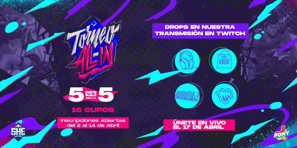 shegamingcol's tweet photo. Finalmente llegó el momento 😎 

Prepárate para destruir el nexo enemigo y competir por increíbles premios 🎉

16 cupos 📝

Inscripciones abiertas del 2 al 14 de abril🕒, deben ser diligenciadas únicamente por el líder del equipo: 

https://t.co/43jD4mVQbv ⬅⬅

@PonyMalta_ https://t.co/l7mB9mvwxs