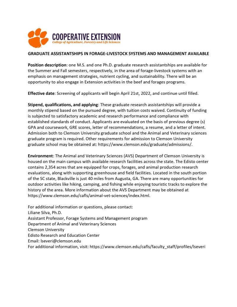 pjdolapo's tweet photo. M. Sc. and Ph.D. positions in Forage-Livestock Systems and Management at Clemson University, USA.
#graduateschool, #phdchat, #GRA, #phdlife #AcademicTwitter, #AcademicChatter, #gradschool, #phdposition, #Mscposition. https://t.co/qpTbWvyEE8
