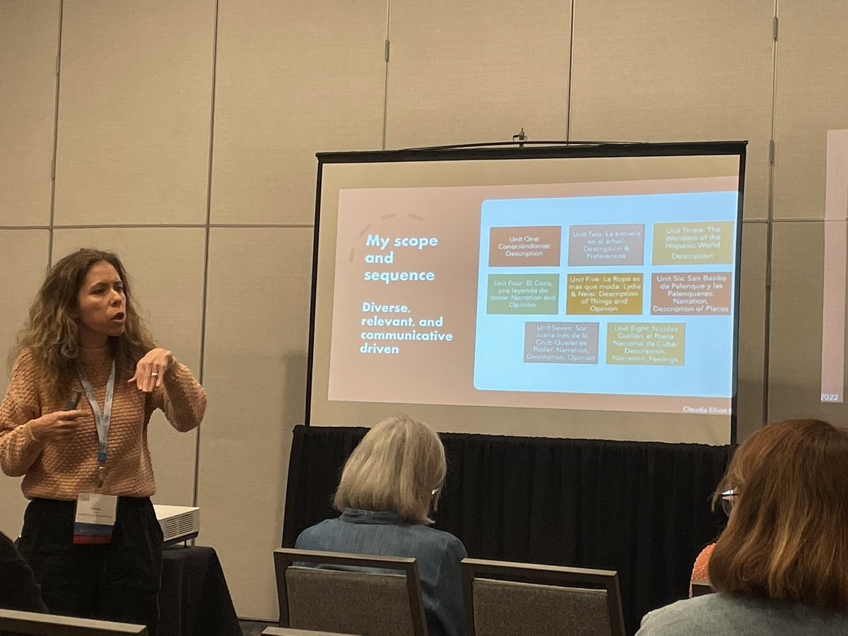 MartinaBex's tweet photo. Claudia’s scope and sequence - focused on stories of people and places that her students can connect with and will show them diverse views of the Spanish speaking world. #scolt22 #scopesequence @claudiamelliott https://t.co/VQDBR8HExK