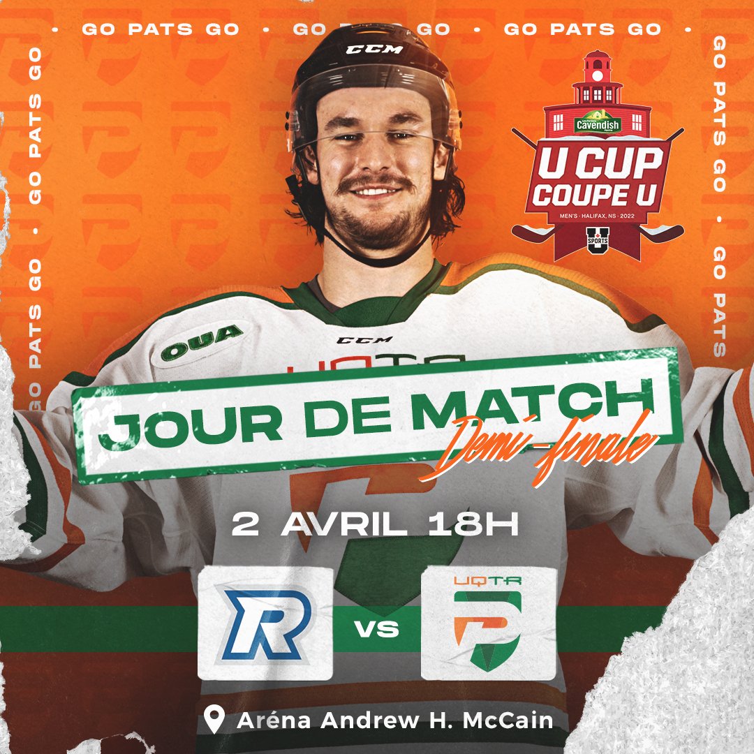 Après leur victoire spectaculaire en deuxième période de prolongation hier soir, les Pats ont maintenant rendez-vous avec les <a href="/ryersonrams/">Stuart Campbell</a>! 🏒🇨🇦

📺: cbc.ca/sports / usports.ca/fr/webdiffuse
🕕: 18h, heure du Québec
📍: Wolfville, Nouvelle-Écosse

#GoPatsGo 🟠🟢