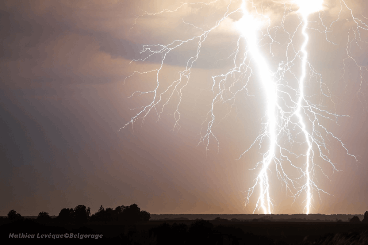 Belgorage's tweet photo. La nuit du 31 juillet au 1er août 2020, après une journée extraordinairement chaude (36,5°C à Uccle #Bruxelles), quelques orages à base élevée transitent sur la #Belgique, larguant des coups de foudre parfois très ramifiés. https://t.co/3RklpwOjxs