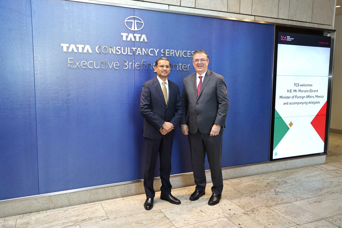 TCS's tweet photo. H.E. Minister @m_ebrard met Rajesh Gopinathan, CEO &amp; MD, @TCS during his visit to TCS Mumbai. The minister acknowledged TCS for its investments and creating more than 10,000 employment opportunities in #Mexico.

#BuildingOnBelief https://t.co/C0NBN3Zjk4