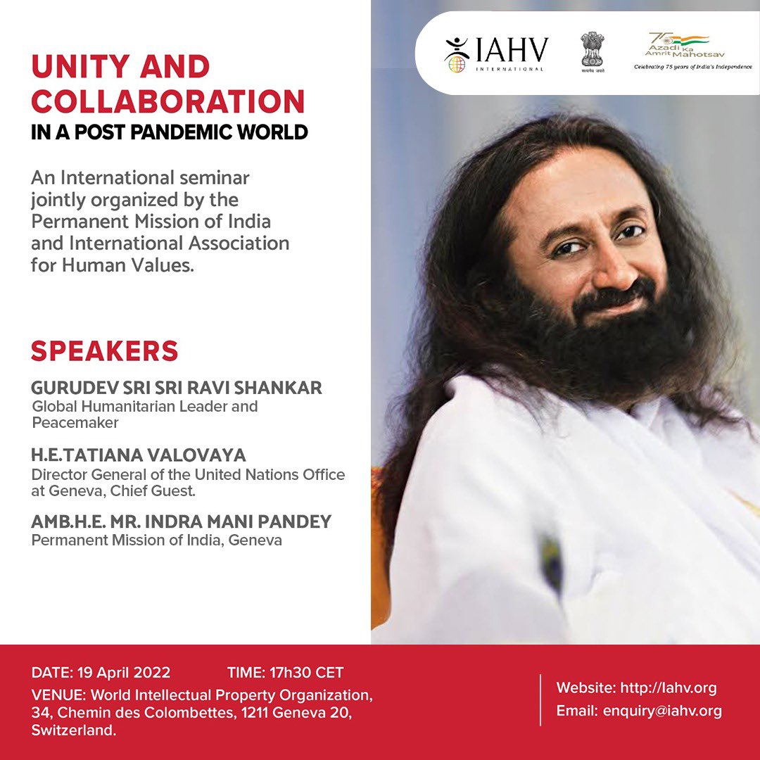 Gurudev <a href="/SriSri/">Gurudev</a> Ravi Shankar, who has  been for 40 years engaged in sustainable development, humanitarian diplomacy &amp; Peace building across the globe comes to Geneva. 
#AzadiKaAmritMahotsav 
#NewNormal #GlobalLeaders #Humanvalues