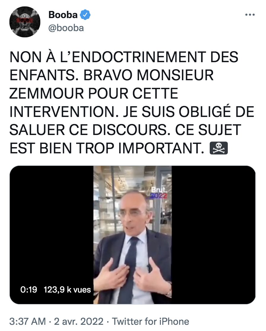 ParisPasRose's tweet photo. Booba vote Zemmour (bis). L'idiot utile du zemmourisme dispense sa désinformation lgbtphobe à 5,6 M d'abonnés pendant que le candidat pétainiste met la dernière touche à son ministère de la déportation. https://t.co/bHD6EKRVBC