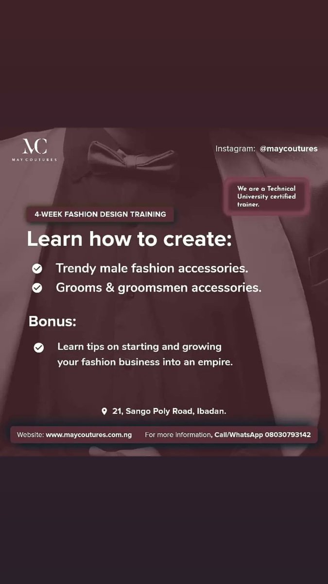 monumentalmay's tweet photo. Learn unique Fashion and Accessories skills from who sabi. One place, May Coutures. Ibadan, Nigeria.

#fashion #skill #skills #sdg #mdg #EmpowerHer #Empowerment #Mensfashion #menswear 

https://t.co/zelgDFvFvU https://t.co/YT1R6pwuBE https://t.co/xEqRBujexV