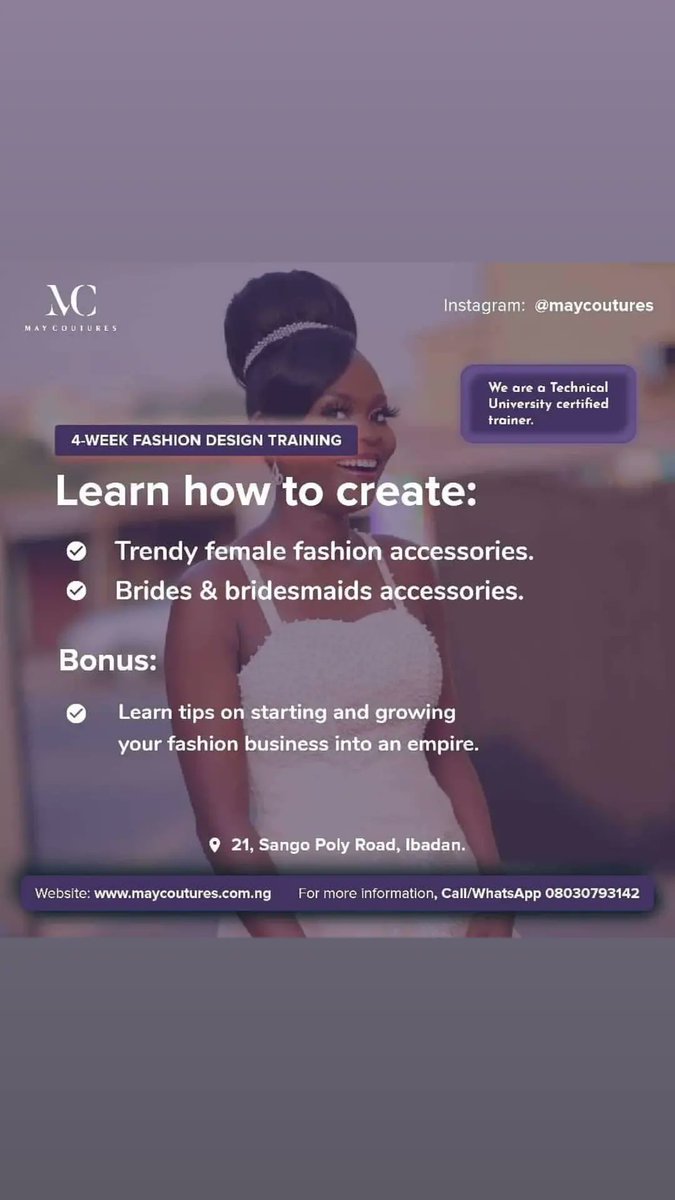 monumentalmay's tweet photo. Learn unique Fashion and Accessories skills from who sabi. One place, May Coutures. Ibadan, Nigeria.

#fashion #skill #skills #sdg #mdg #EmpowerHer #Empowerment #Mensfashion #menswear 

https://t.co/zelgDFvFvU https://t.co/YT1R6pwuBE https://t.co/xEqRBujexV