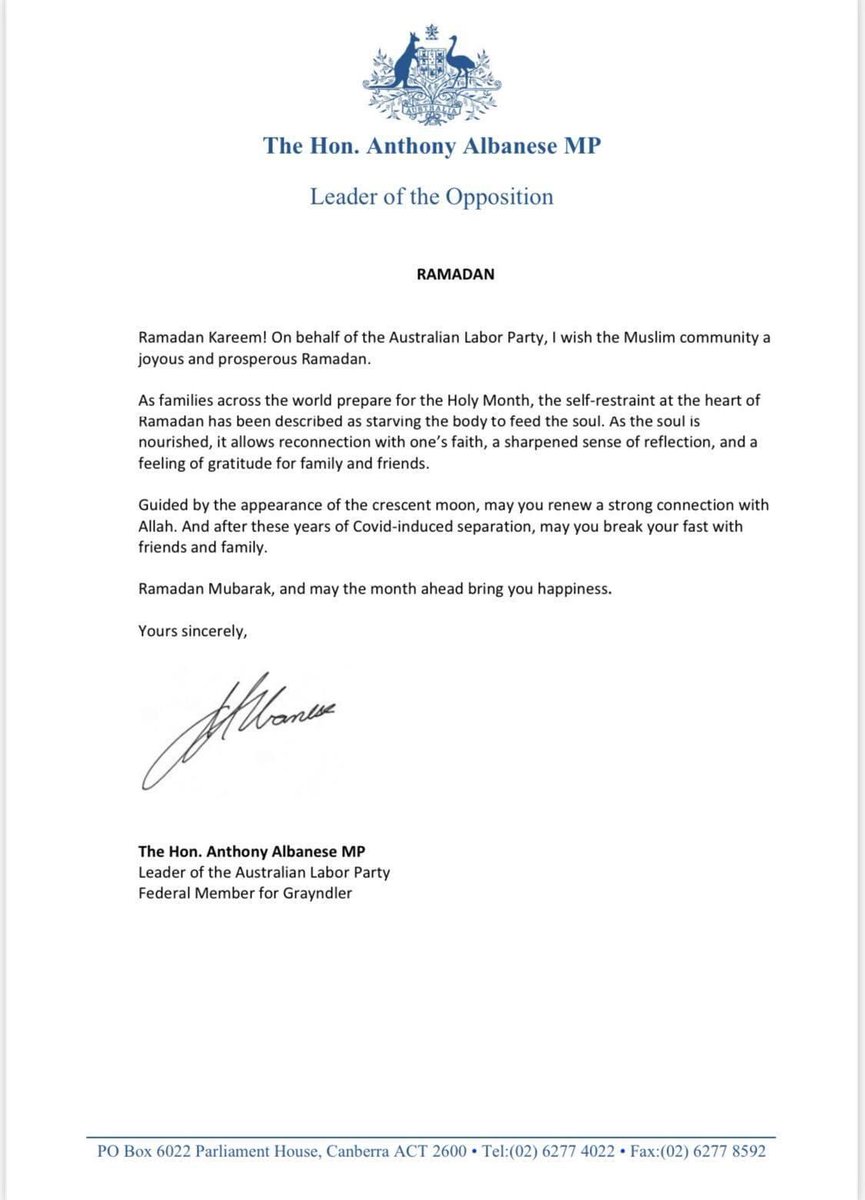 Zhchaudhri's tweet photo. #Ramadan message from Australian Leader of the Opposition Hon Anthony Albanese MP @AlboMP @FMPublicDiploPK @PakinAustralia https://t.co/PWt5Fu9Cph