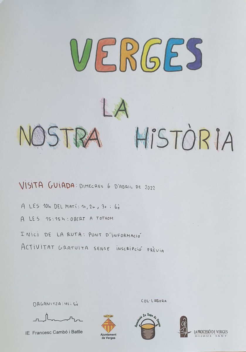 ajverges's tweet photo. Us deixem diferents propostes de cartell que han fet els alumnes de 4rt i 5è de primària de l’IE Francesc Cambó de #Verges, amb el propòsit de convidar-vos a assitir a la visita guiada que faran el proper dimecres 6 d’abril.

Els hi faria molta il•lusió que hi assistíssiu❗️ https://t.co/VE1j7PhGbM