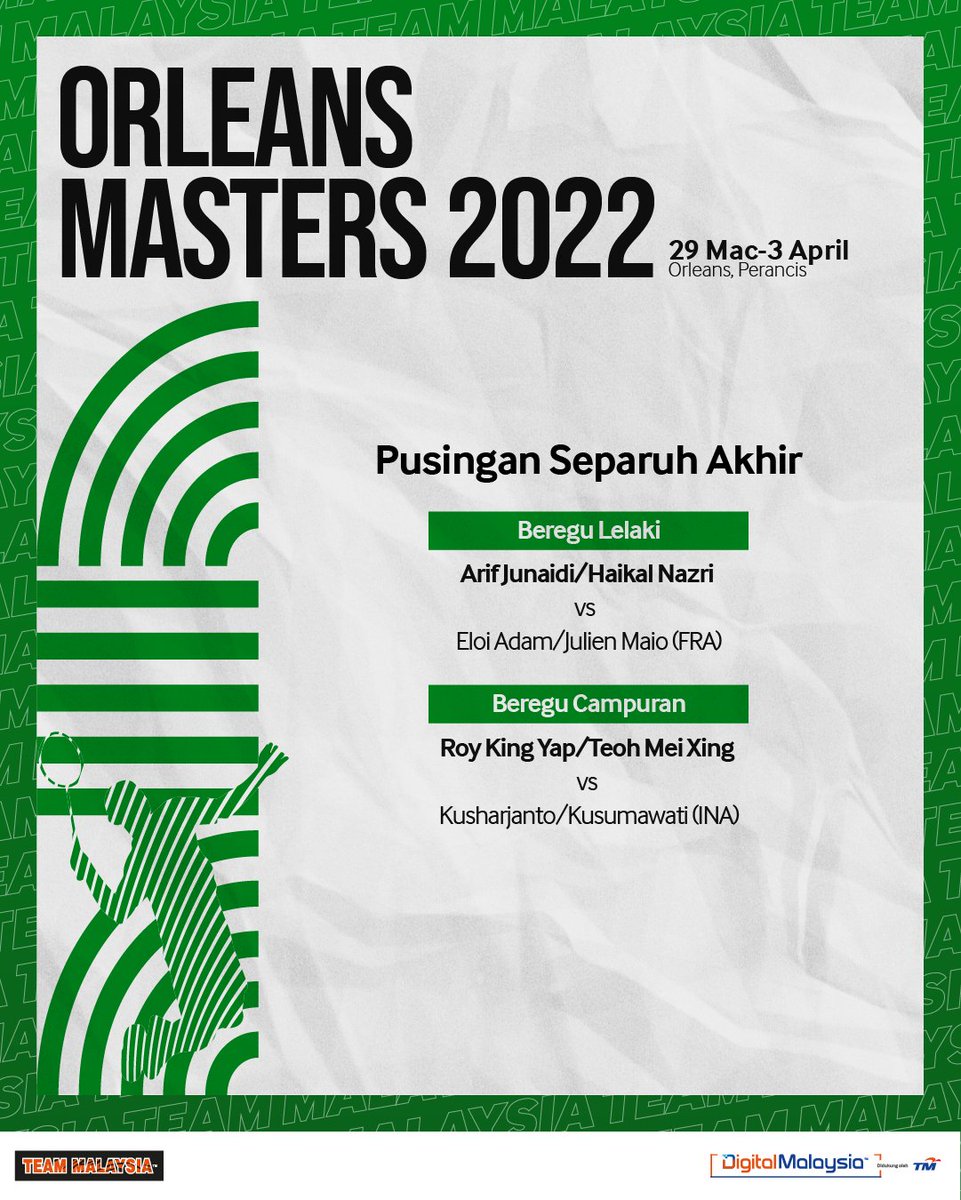 UnifiSports's tweet photo. 2 wakil beregu muda negara akan turun di #OrleansMasters2022 kejohanan #BWFWorldTour Super 100.
Roy King Yap/Teoh Mei Xing akan turun dulu nanti sebelum gandingan #Patatimo kita turun menentang wakil tuan rumah. #KamiTeamMalaysia https://t.co/Y3yprEt8wd