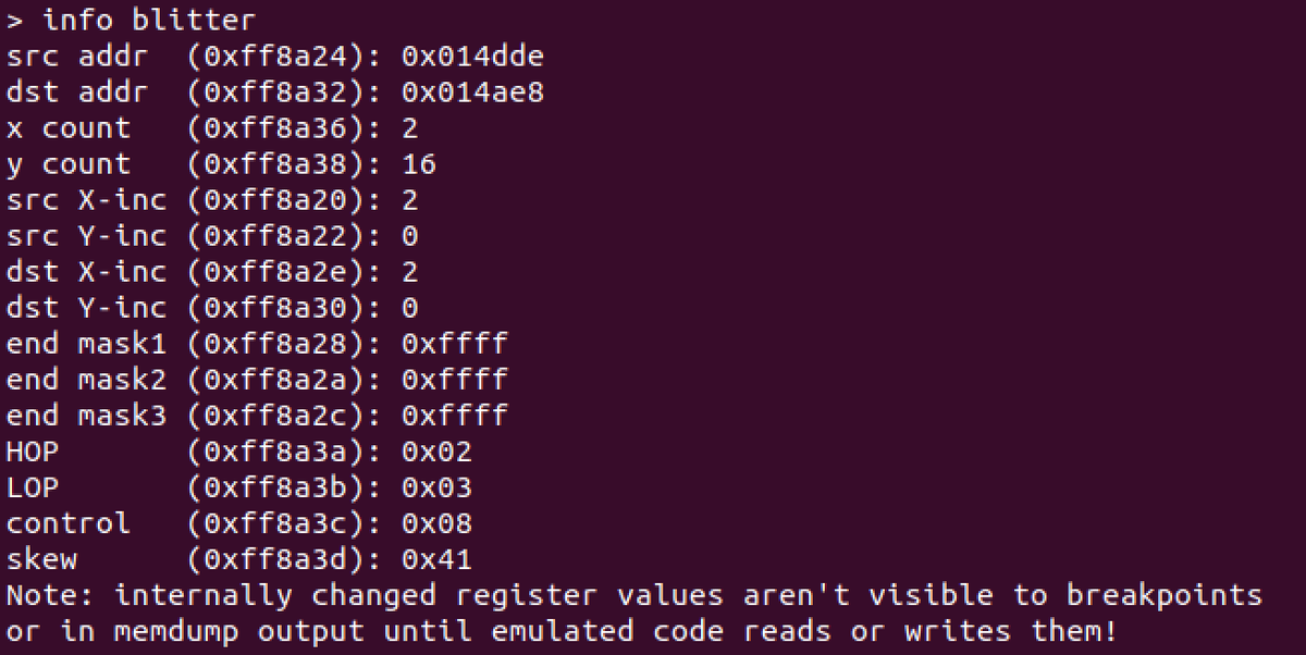 RetroRacing's tweet photo. If you're writing software for the #AtariSTE, and testing in the Hatari emulator, the 'info blitter' debugger command is indispensable.
Break your program at any point and type 'info blitter' to view the current state of the #Blitter registers. https://t.co/3MyOKZf6lE