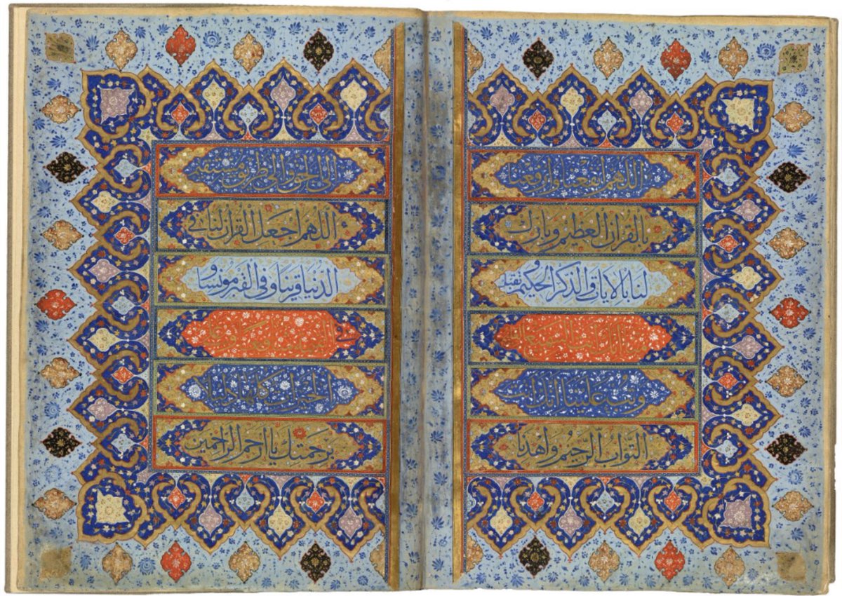 3/ Closing Prayer in the Jerrāḥ Pasha Qur˒anPersia, Iran, Shirazca. 15801st of 2 pairs of ornamental facing pages that appear at the end of the Jerrāḥ Pasha Qur˒an, made in Shiraz about 1580. It enshrines a prayer written in 12 lines @MorganLibrary  #Ramadan  